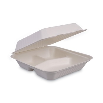 Boardwalk HL-93BW 9 in. x 9 in. x 3.19 in. 3-Compartment Hinged-Lid Sugarcane Bagasse Food Containers - White (100/Sleeve, 2 Sleeves/Carton)