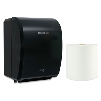 Boardwalk 33GREEN35XTRA-BNDL 12.31 in. x 9.31 in. x 15.94 in. Black Xtra Electronic Hand Towel Dispenser with 1-Ply 8 in. x 800 ft. White Xtra Roll Towels Bundle (6 Rolls/Carton)