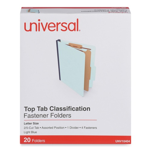 File Folders | Universal UNV10404 1.75 in. Expansion 1 Divider 4 Fasteners Letter Size Four-Section Pressboard Classification Folders - Light Blue (20/Box) image number 0