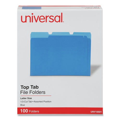 File Folders | Universal UNV10501EE 1/3 Cut Tab Letter Size Deluxe Colored Top Tab File Folders - Blue/Light Blue (100/Box) image number 0