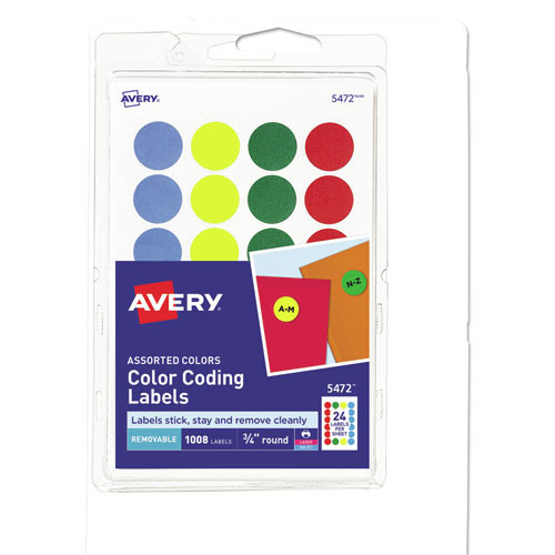 Labels | Avery 05472 0.75 in. Diameter Printable Self-Adhesive Removable Color-Coding Labels - Assorted Colors (24/Sheet, 42 Sheets/Pack) image number 0