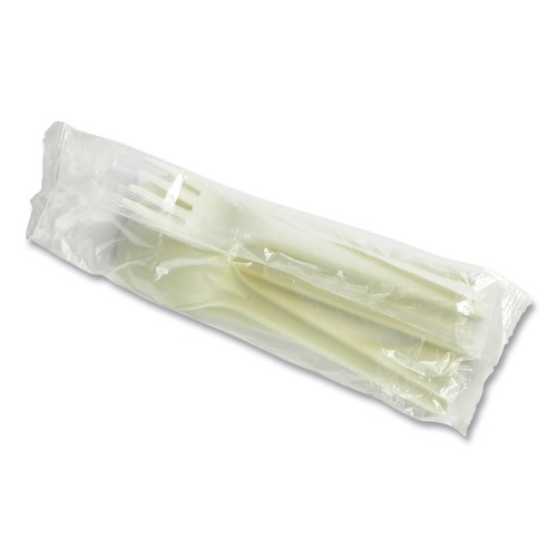 Cutlery | Vegware VW-KFSWN Compostable Fork/Knife/Spoon/Napkin Cutlery Kits - White (250/Carton) image number 0