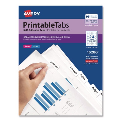 Back to School Sale | Avery 16280 1.25 in. Wide 1/5-Cut Printable Plastic Tabs with Repositionable Adhesive - White (96/Pack) image number 0