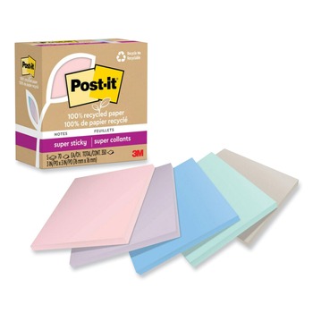 Post-it Notes Super Sticky 654R-5SSNRP 3 in. x 3 in. 100 Percent Recycled Paper Super Sticky Notes - Wanderlust Pastels (5-Pads/Pack)
