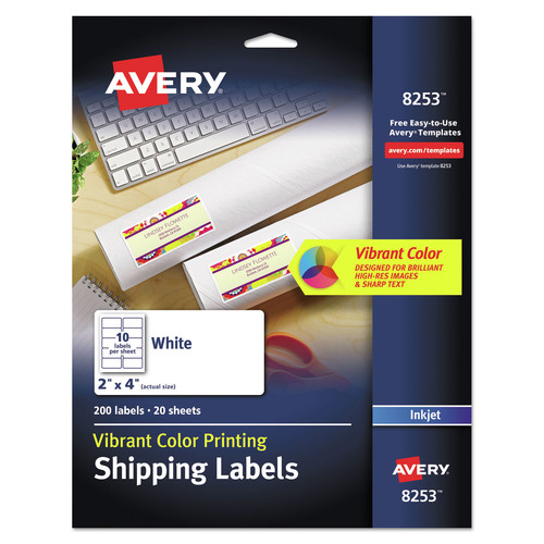 Labels | Avery 08253 2 x 4 Vibrant Inkjet Color-Print Labels with Sure Feed - Matte White (200/Pack) image number 0