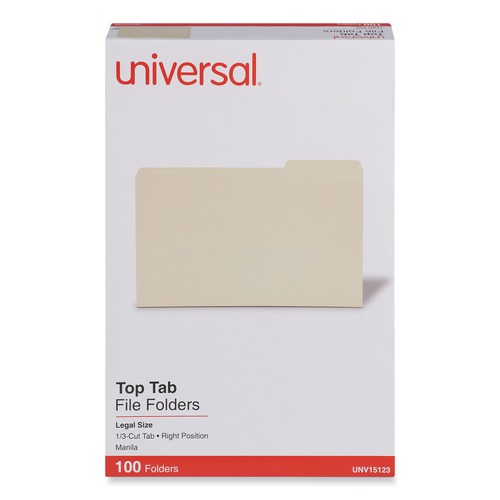 File Folders | Universal UNV15123 1/3-Cut Top Tabs Right Position 11 Point File Folders - Legal Size, Manila (100-Piece/Box) image number 0