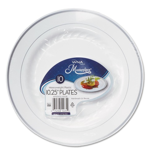 Bowls and Plates | WNA RSMP101210WSLV 10.25 in. Diameter Masterpiece Plastic Dinnerware - White/Silver (10/Pack) image number 0