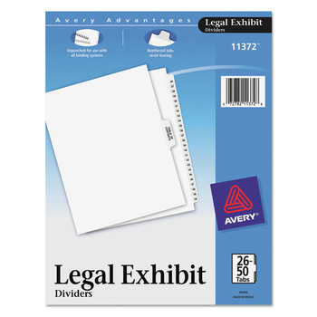 Avery 11372 11 in. x 8.5 in. 26-Tab Preprinted Legal Exhibit Side 26 to 50 Tab Index Dividers - White (1-Set)