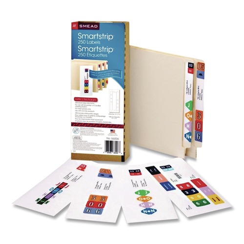 File Folders | Smead 66004 1.5 in. x 7.5 in. Color-Coded Smartstrip Refill Label Forms - Assorted, White (250/Pack) image number 0