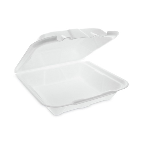 Food Service | Pactiv Corp. YTD19901ECON 9.13 in. x 9 in. x 3.25 in. Dual Tab Lock Economy Vented Foam Hinged Lid Container - White (150/Carton) image number 0
