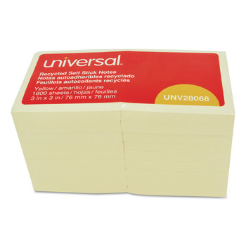Universal UNV28068 3 in. x 3 in. Recycled Self-Stick Note Pads - Yellow (18 Pads/Pack)