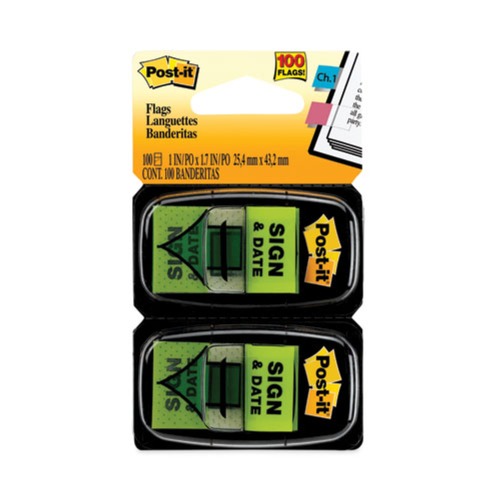 Just Launched | Post-it Flags 680-SD2 1 in. "Sign and Date" Arrow Message Page Flags - Green (50-Flags/Dispenser, 2-Dispensers/Pack) image number 0