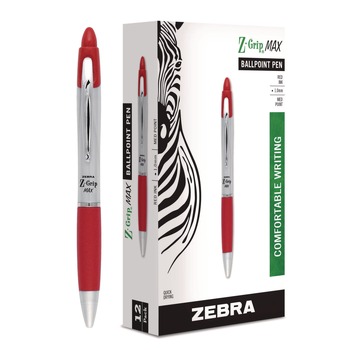 Zebra 22430 1 mm Retractable Medium Z-Grip MAX Ballpoint Pen - Red Ink, Silver/Red Barrel (1-Dozen)