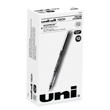 uni-ball 70128 Bold 1 mm Stick VISION Roller Ball Pen - Black Ink, Gray/Black/Clear Barrel (1 Dozen)