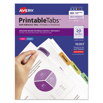 Avery 16283 1.75 in. Wide 1/5-Cut Printable Plastic Tabs with Repositionable Adhesive - Assorted Colors (80/Pack)