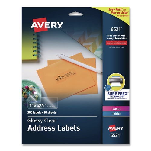 Back to School Sale | Avery 06521 Easy Peel 1 in. x 2.63 in. Inkjet/Laser Printers Mailing Labels with Sure Feed Technology - Glossy Clear (300/Pack) image number 0