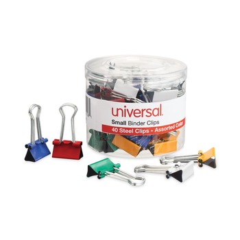 Universal UNV31028 Binder Clips with Storage Tub - Small, Assorted (40/Pack)