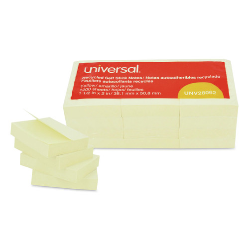 Sticky Notes & Post it | Universal UNV28062 1.5 in. x 2 in. Recycled Self-Stick Note Pads - Yellow (12 Pads/Pack) image number 0
