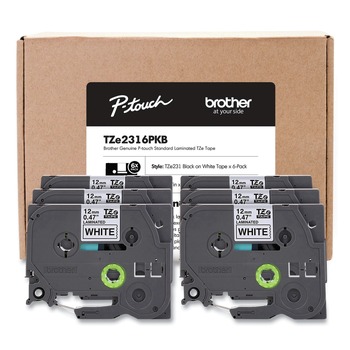 Brother P-Touch TZE2316PKB 0.5 in. TZe Series Standard Adhesive Laminated Labeling Tape - Black on White (6/Pack)