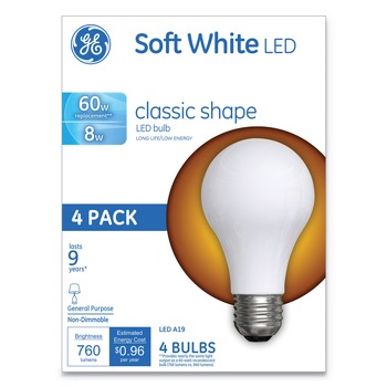 GE 99190 8 Watts A19 Classic LED Non-Dim Light Bulb - Soft White (4/Pack)