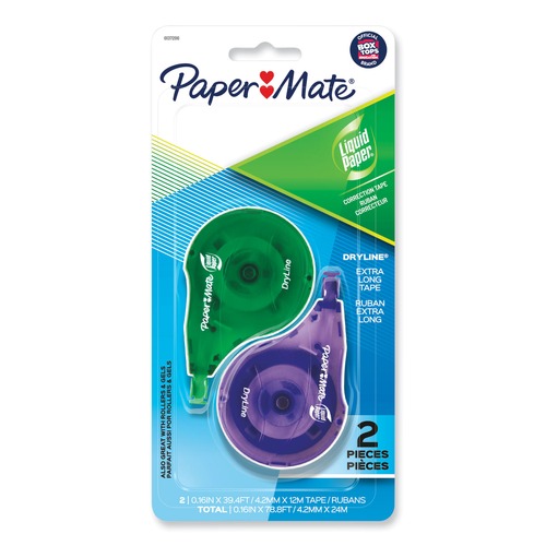 Erasers & Correction Supplies | Paper Mate Liquid Paper 6137206 0.17 in. x 472 in. DryLine Non-Refillable Correction Tape - Green/Purple Applicators (2/Pack) image number 0