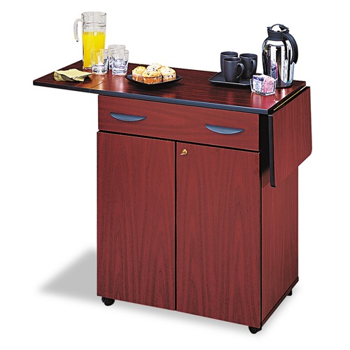 Cleaning Carts | Safco 8962MH 32.5 in. to 56.25 in. x 20.5 in. x 38.75 in. 1 Drawer 3 Shelves Engineered Wood Hospitality Cart with Drop Leaves - Mahogany image number 0