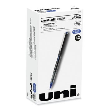 uni-ball 70129 Bold 1 mm Stick VISION Roller Ball Pen - Blue Ink, Black/Blue/Clear Barrel (1 Dozen)