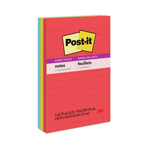 Notebooks & Pads | Post-it Notes Super Sticky 660-3SSAN 4 in. x 6 in. Note Ruled Pads - Playful Primary Collection Colors (3/Pack) image number 0