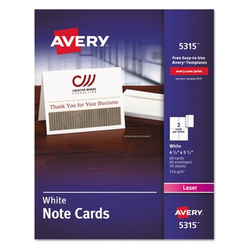Avery 05315 4.25 in. x 5.5 in. 80 lbs. Laser Note Cards with Matching Envelopes - Uncoated White (60 Cards, 2 Cards/Sheet, 30 Sheets/Pack)