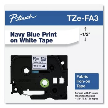 Brother P-Touch TZEFA3 0.47 in. x 9.8 ft. TZ Industrial Series Fabric Iron-On Tape - Navy on White
