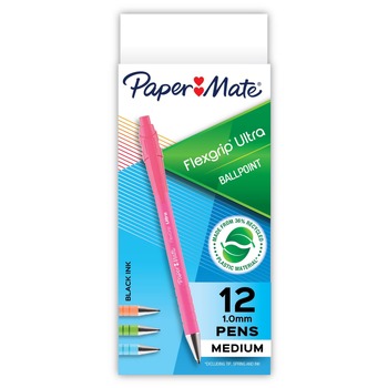 Paper Mate 2204001 1 mm Medium FlexGrip Ultra Recycled Retractable Ballpoint Pen - Black Ink, Assorted Barrels (1-Dozen)