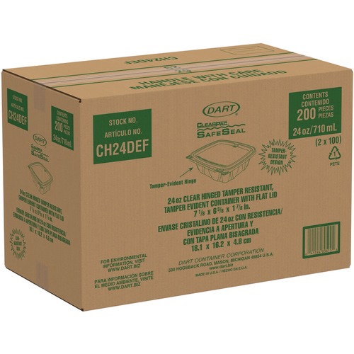 Just Launched | Dart CH24DEF ClearPac SafeSeal 24 oz. Tamper-Resistant/Evident Flat-Lid Containers - Clear (100/Bag, 2 Bags/Carton) image number 0