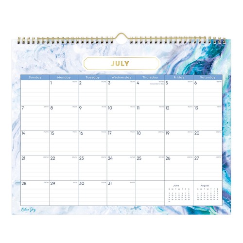 Bulletin Boards | Blue Sky BLS147010 15 in. x 12 in. 12-Month (Jul 2025-Jun 2026) Gemma Academic Wall Calendar - White/Blue Sheets image number 0