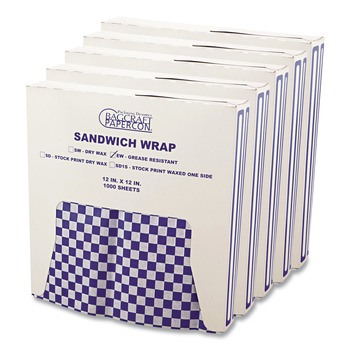 Bagcraft P057850 12 in. x 12 in. Grease-Resistant Paper Wraps and Liners - Blue Check (5000/Carton)
