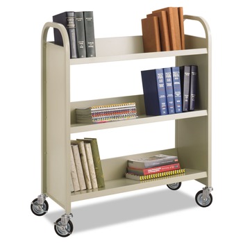 CLEANING AND SANITATION | Safco 5358SA 36 in. x 18.5 in. x 43.5 in. 300 lbs. Capacity 3 Shelves Metal Steel Double-Sided Book Cart -  Sand