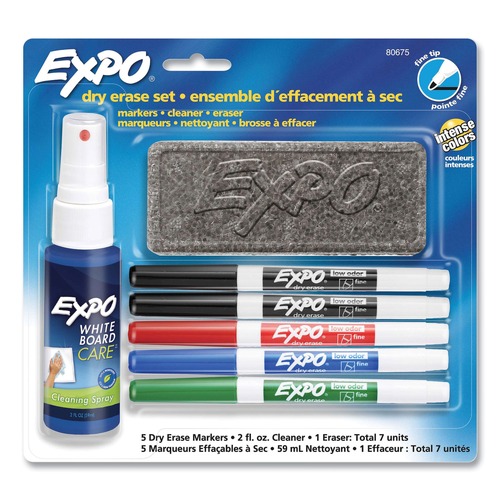 Washable Markers | EXPO 80675A Dry Erase Marker and Cleaner Kit - Assorted Colors/Fine Bullet Tip (5-Piece/Set) image number 0