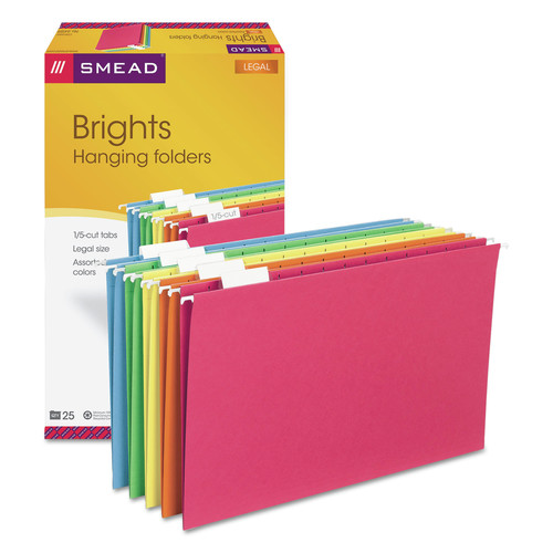File Folders | Smead 64159 Legal Size 1/5-Cut Tabs Colored Hanging File Folders - Assorted Colors (25/Box) image number 0