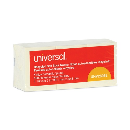 Sticky Notes & Post it | Universal UNV28062 1.5 in. x 2 in. Recycled Self-Stick Note Pads - Yellow (12 Pads/Pack) image number 0