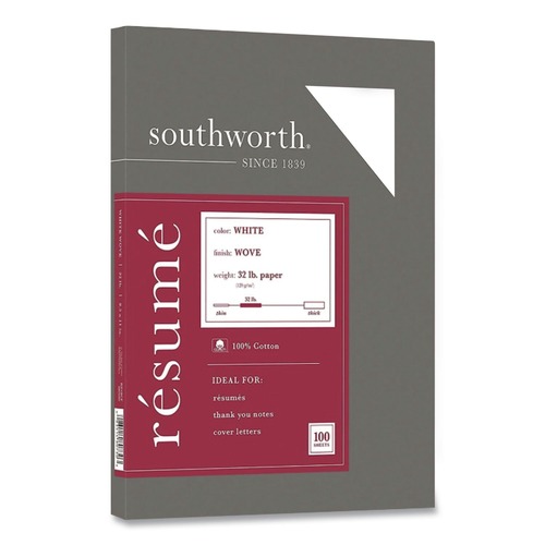 Copy & Printer Paper | Southworth RD18CF 8.5 in. x 11 in. 95 Bright 32 lbs. Bond Weight 100% Cotton Resume Paper - White (100/Pack) image number 0