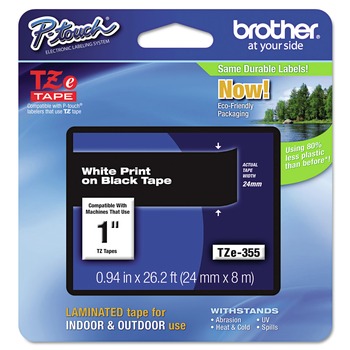 Brother P-Touch TZE355 0.94 in. x 26.2 ft. TZe Standard Adhesive Laminated Labeling Tape - White on Black