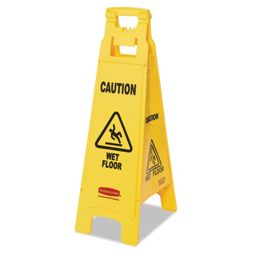 Floor Signs & Safety Signs | Rubbermaid Commercial FG611477YEL 12 in. x 16 in. x 38 in. 4-Sided Caution Wet Floor Sign - Yellow image number 0