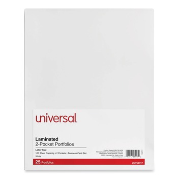 Universal UNV56417 2-Pocket 11 in. x 8-1/2 in. Laminated Cardboard Paper Portfolios - White (25/Pack)