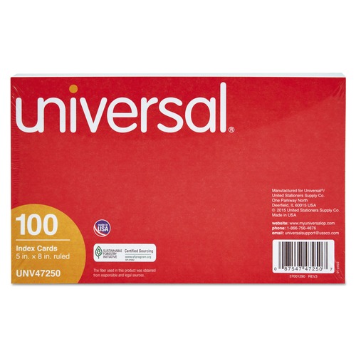 Flash Cards | Universal UNV47250 5 in. x 8 in. Index Cards - Ruled, White (100/Pack) image number 0