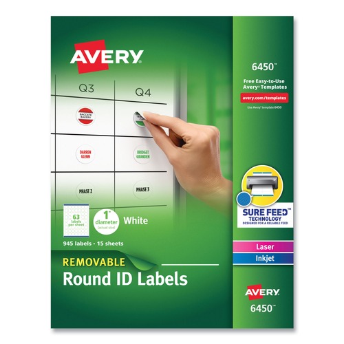 Labels | Avery 06450 1 in. Diameter Inkjet/Laser Removable Multi-Use Labels - White (945/Pack) image number 0