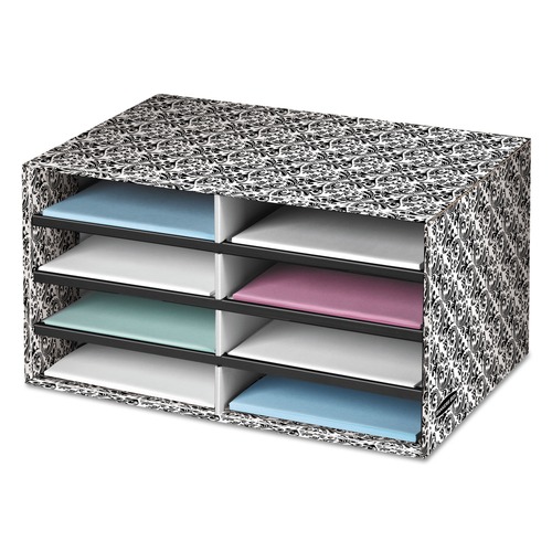 Filing Racks | Bankers Box 6171301 19.5 in. x 12.38 in. x 10.25 in. 8 Letter Compartments Decorative Sorter - Black/White Brocade image number 0