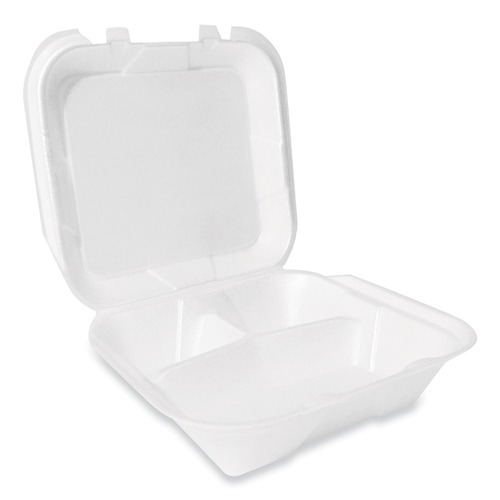 Food Trays, Containers, and Lids | Plastifar 12094 9 in. x 9 in. x 3 in. Secure Two Tab Latch Poly Bag 3 Compartments Foam Hinged Lid Container - White (200/Carton) image number 0