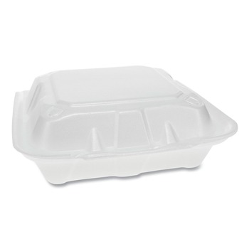 Pactiv Corp. YTD188030000 8.42 in. x 8.15 in. x 3 in. Dual Tab Lock Foam Hinged Lid Containers - White (150/Carton)