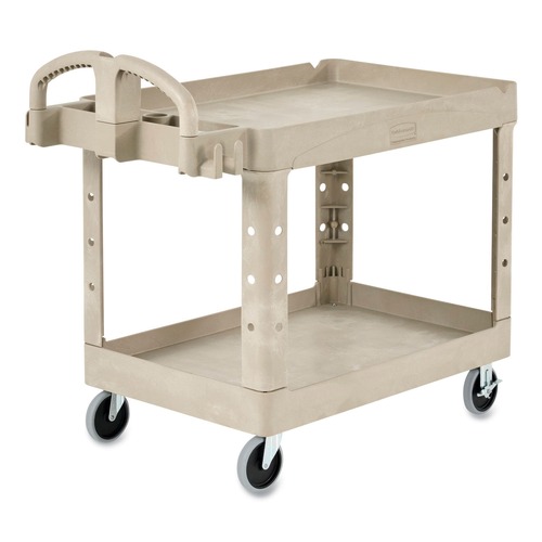 Just Launched | Rubbermaid Commercial FG450088BEIG 17.13 in. x 38.5 in. x 38.88 in. 500 lbs. Capacity 2 Shelves Plastic Heavy-Duty Utility Cart with Lipped Shelves - Beige image number 0