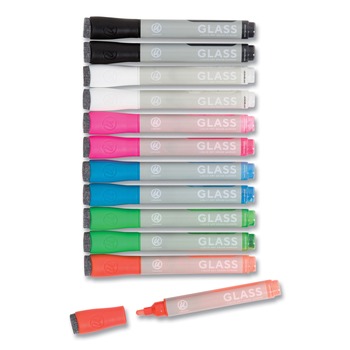 PENS PENCILS AND MARKERS | U Brands 2913U00-12 Low-Odor Liquid Glass Markers with Erasers - Assorted Colors/Broad Bullet Tip (12/Pack)