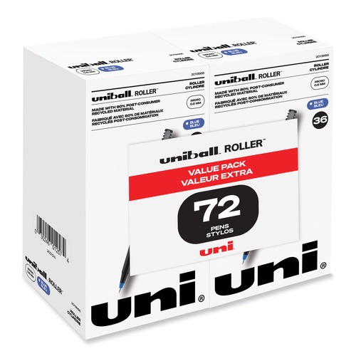 Pens | uni-ball 2013566 Extra-Fine 0.5 mm Stick Roller Ball Pen - Blue Ink Black/Blue Barrel (72/Pack) image number 0